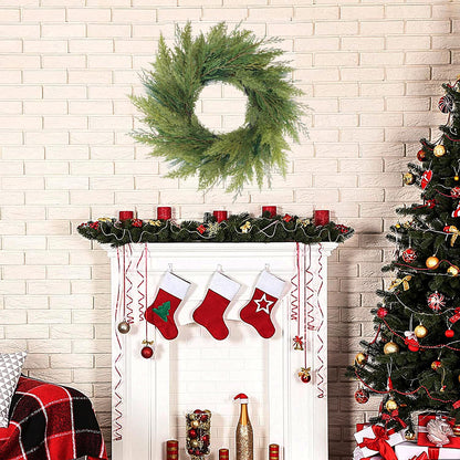 BINFEN 20” Green Faux Norfolk Pine Christmas Winter Wreath – Mixed with Real Touch Fake Cypress, Cedar & Spruce, Xmas Wreaths for Front Door Porch Mantel & Fireplace
