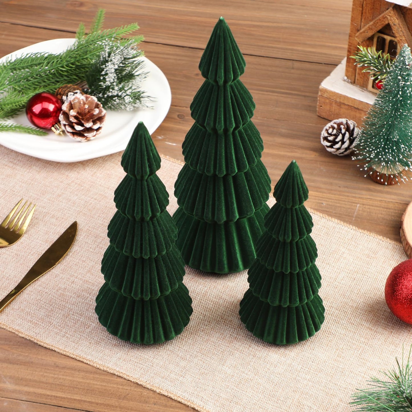 Relaxgiant Set of 3 Velvet Ceramic Christmas Trees Decoration Large Modern Velvet Cone Christmas Tree Figurine Decor Holiday Xmas Winter Indoor Home Tabletop Mantel Centerpiece(Dark Green)