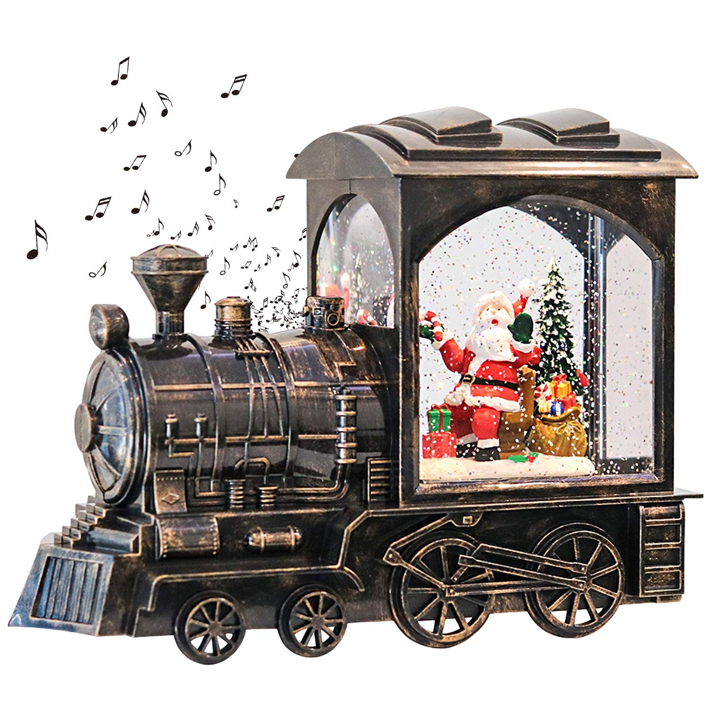 GenSwin Music Lighted Train Snow Globe Lantern Water Snowing Glittering Battery Operated with Timer, Christmas Santa Claus Musical Lighted Home Decoration and Gift(Copper)