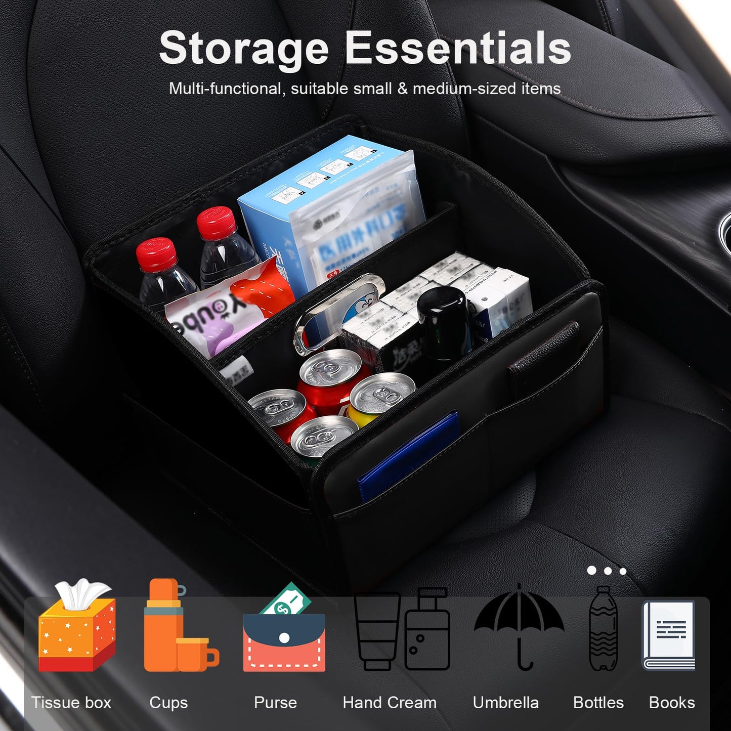 Uplien Car Storage Organizer [2025 UPDATED] Leather Car Caddy Basket for Front Seat Floor Back Seats Metal Handle 6 Compartments Adjustable Strap Buckles Slip-Resistant (Black)