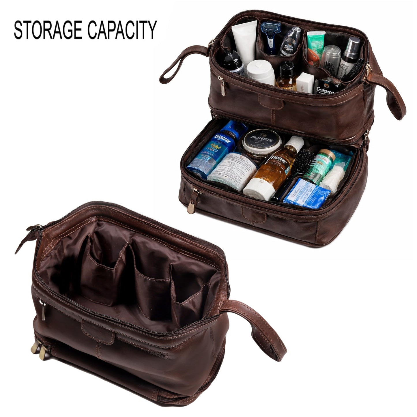 cuero Premium Genuine Leather Toiletry Bag for Men – Large Double Layer Travel Dopp Kit with Zipper Compartments,Lining & Handle – 9.5” Travel Shaving Organizer