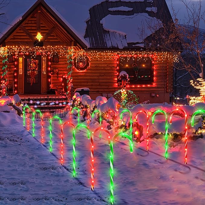 Christmas Decorations, 10 Pcs Christmas Candy Cane Lights, 21'' Solar Pathway Lights with 8 Lighting Modes, Waterproof Garden Lights for Outdoor Christmas Patio Yard Walkway Decorations(2 colors)