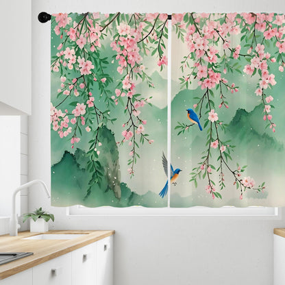 Opeoddie Green Mountain Pink Cherry Blossom Kitchen Curtains 36 Inch 2 Panels Flower Birds Chinese Asian Print Floral Bathroom Window Curtain Cafe Small Short Drapes Window Treatments Tiers
