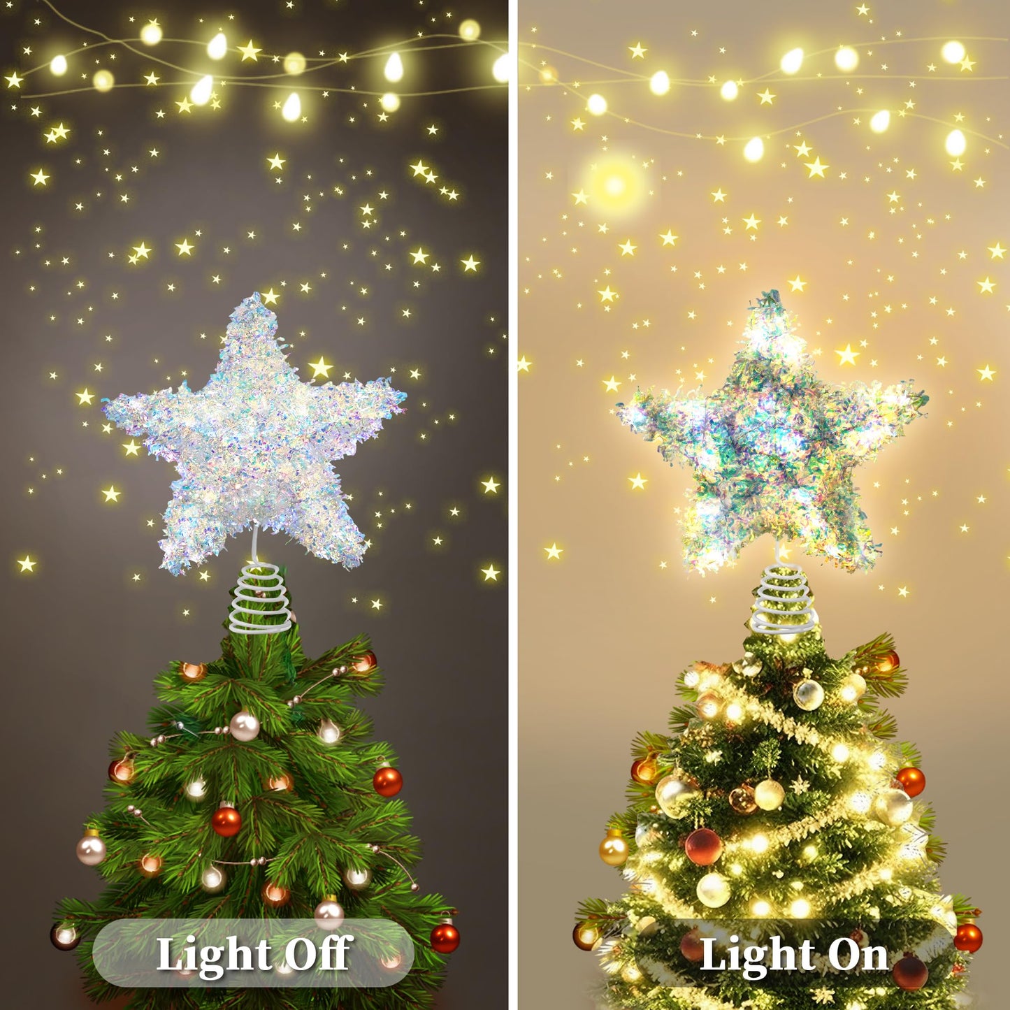 LAWOHO Christmas Tree Topper Star, Exquisite Christmas Decor, Mini Shiny Iridescent 6 Inch Christmas Tree Decoration with 6H Timer, 10 Warm Lights for Xmas Tree, Holiday & Party, Indoor Home