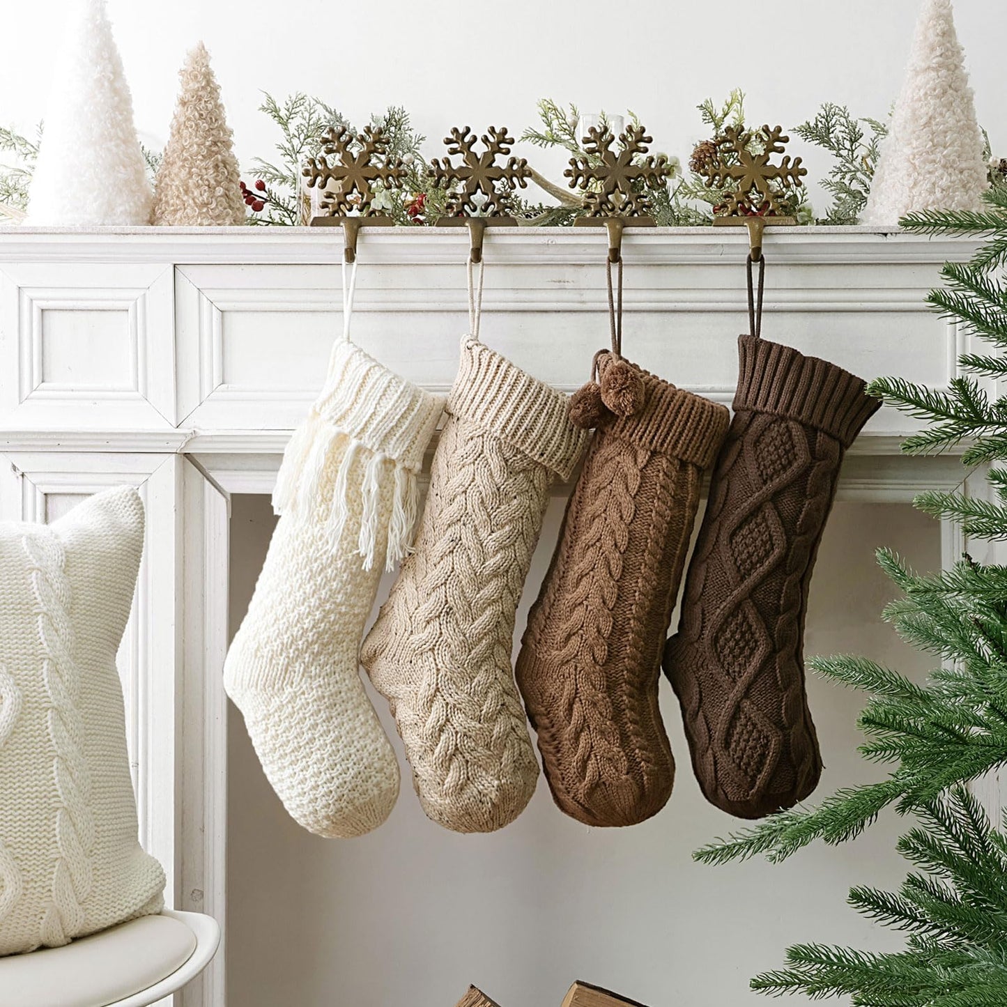 Farmhouse Knitted Personalised Christmas Stockings: 4 Pack 18 Inch Rustic Neutral Cable Knit Fireplace Stockings, Rustic Cozy Hanging Xmas Stocking Decorations for Family Holiday Décor, Earth Tones