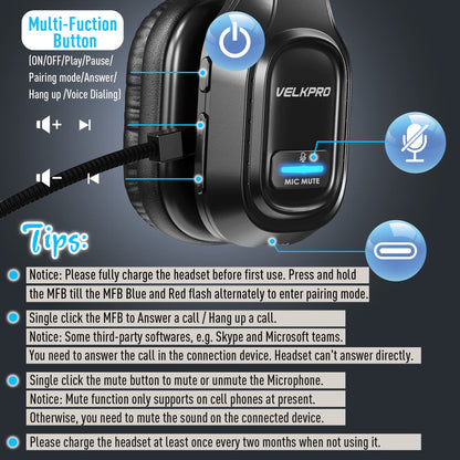 VELKPRO Wireless Headset with Microphone - Single-Ear Noise-Isolating Headphone for Call Centers and Home Office