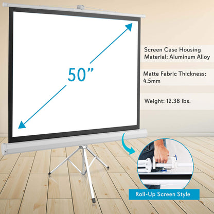 Pyle 50 Inch Portable Projector Screen with Tripod Stand – Lightweight, Durable, Easy Pull Setup Mobile Projection Screen with 4:3 Aspect Ratio, White Matte Fabric for Indoor/Outdoor Use
