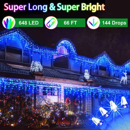 648 LED 66FT Christmas Lights 144 Drops, Outdoor Hanging lights with 8 Modes & Timer, Plug in Curtain String Lights Outdoor Waterproof for Holiday Wedding Party Home Garden Tree Outside Decor (Blue)