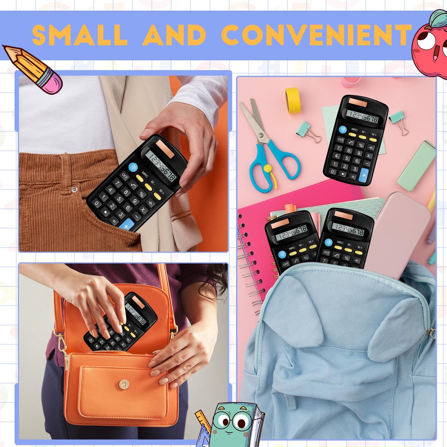 12 Packs Pocket Size Mini Black Calculator Basic Calculators for Handheld Angled Students 8 Digit Display Solar Battery Dual Power Small Calculator for Students Kids Home Office