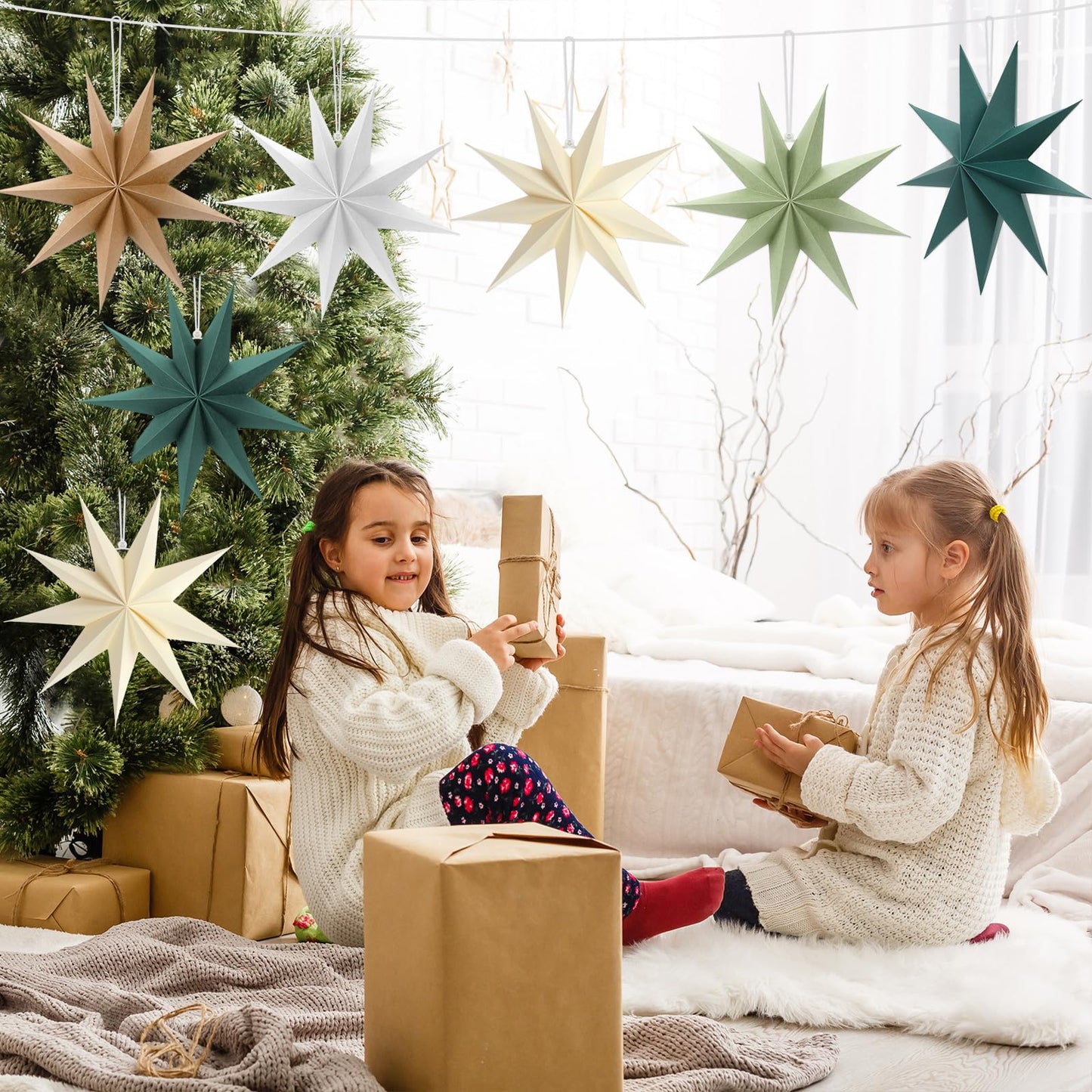 8 Pack Sage Green 9-Pointed Paper Star Lantern Christmas Hanging Paper Lampshade Christmas 12 inch Star Pendant for Xmas New Year Wedding Holiday Birthday Birthday Party Home Decoration