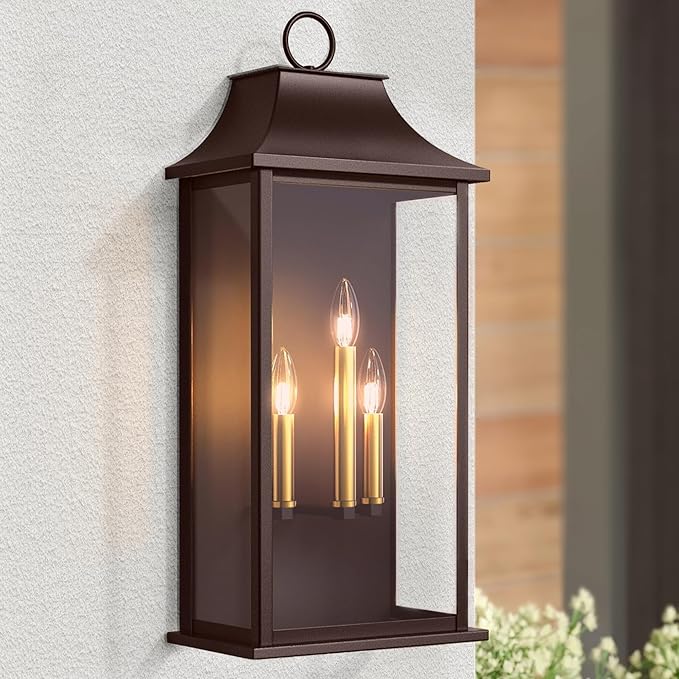 Dusk to Dawn Outdoor Wall Light 3-Light, 25.3" Large Outdoor Light Fixture, Oil Rubbed Bronze Exterior Wall Lantern, Waterproof Outside Wall Sconce for House Porch Patio