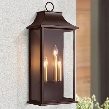 Dusk to Dawn Outdoor Wall Light 3-Light, 25.3" Large Outdoor Light Fixture, Oil Rubbed Bronze Exterior Wall Lantern, Waterproof Outside Wall Sconce for House Porch Patio