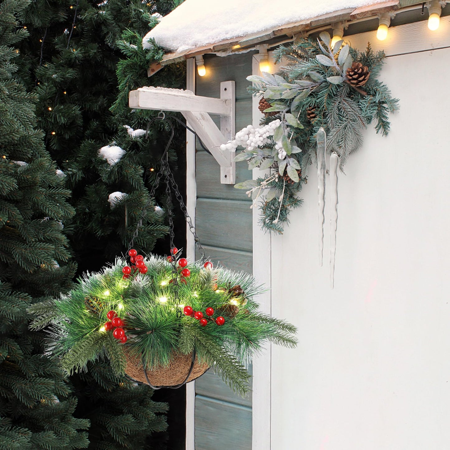 winemana Pre-Lit Artificial Christmas Hanging Basket Outdoor Decoration with Pine Cones & Red Berry Clusters, Battery Powered with Timer Lighted Branches Faux Plants for Outside Porch Front Door