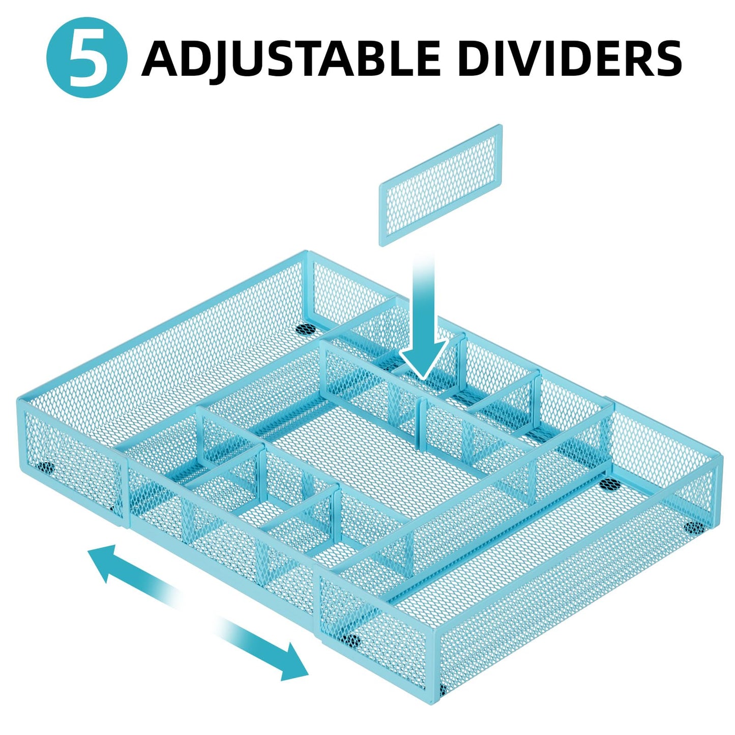 Marbrasse Expandable Desk Drawer Organizer, Mesh Drawer Organizer Tray with 10 Adjustable Compartments, Desk Organizers and Accessories for Office Supplies, Makeup & Vanity (Expandable-Blue)