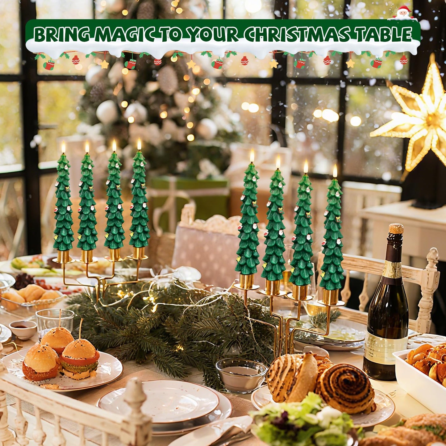 ZLCYFJIXV Flameless Christmas Tree Candles with Remote, 4 Pack 9.8” LED Battery Operated Taper Candles, Green 3D Sticker Flickering Candlesticks for Holiday Home Decoration