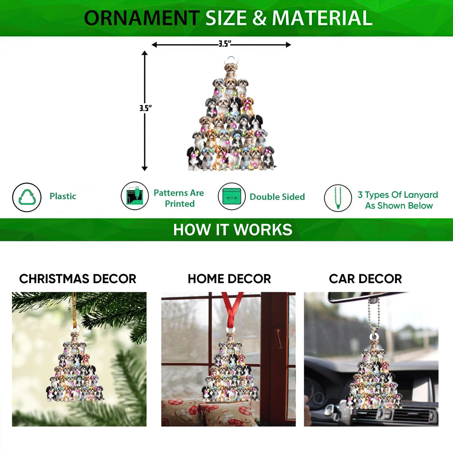 Talataca Lovely Shih Tzu Christmas Pine Tree Shape with String Light 2D Flat Car Rear View Mirror Accessories Christmas Tree Ornament Decoration Hanging Charm Interior Rearview Pendant Decor Gift