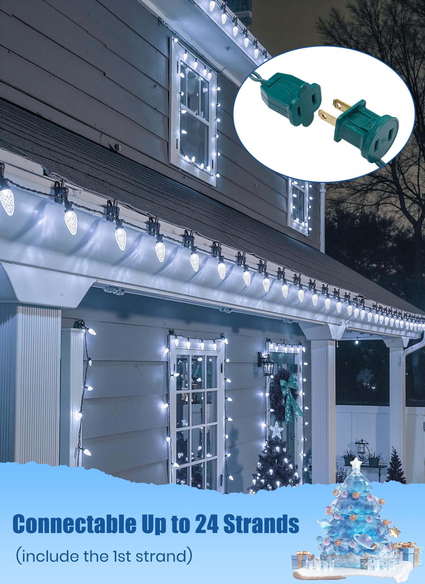 C9 LED Christmas Lights Outdoor, 68 Feet 100 LED Strawberry String Lights with 100 Spring Clamps, Waterproof Commercial Grade Extendable for Outside Roofline Patio Home Xmas Decoration, Pure White