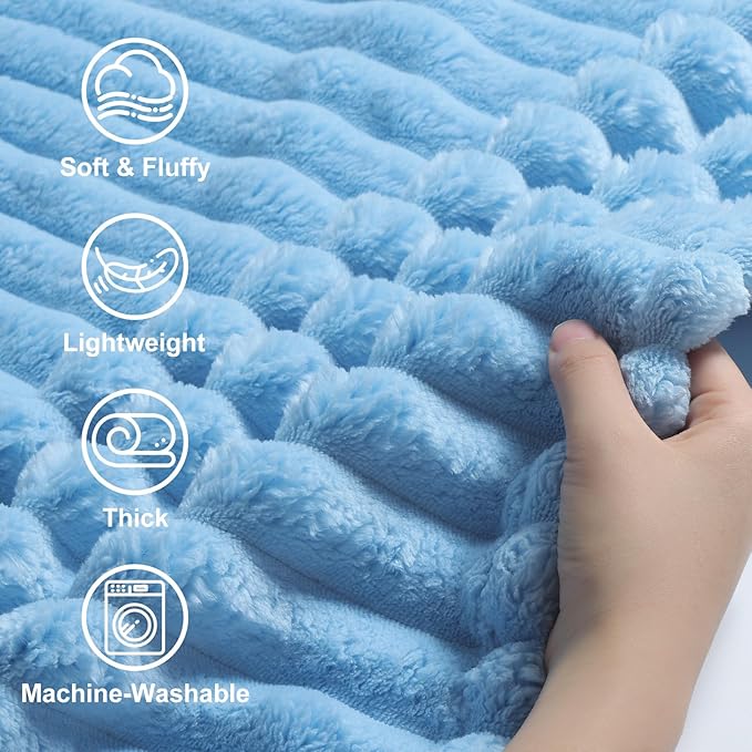 decorUhome Soft Fleece Blue Throw Blanket for Couch, Cozy Fluffy Plush Flannel Striped Blanket for Sofa Bed, Lightweight Decorative Ribbed Fuzzy Blanket for Woman, 50x60 Inches