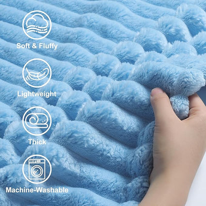 decorUhome Soft Fleece Blue Twin Blanket for Bed, Cozy Fluffy Plush Flannel Striped Throws for Couch Sofa, Lightweight Decorative Ribbed Fuzzy Blanket for Woman, 60x80 Inches