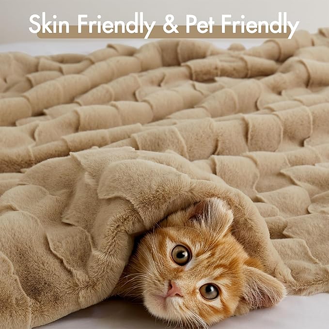 Madison Park Luxuriously Cozy Soft Long Faux Fur Basketweave Blanket, Reversible Soft & Snuggly Velvet Throw, Lightweight, Breathable, All Season, Trendy Room Décor, 50x60, Tan