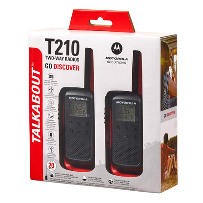 Motorola Solutions, Portable FRS, T210, Talkabout, Two-Way Radios, Rechargeable, 22 Channel, 20 Mile, Black W/Red, 2 Pack