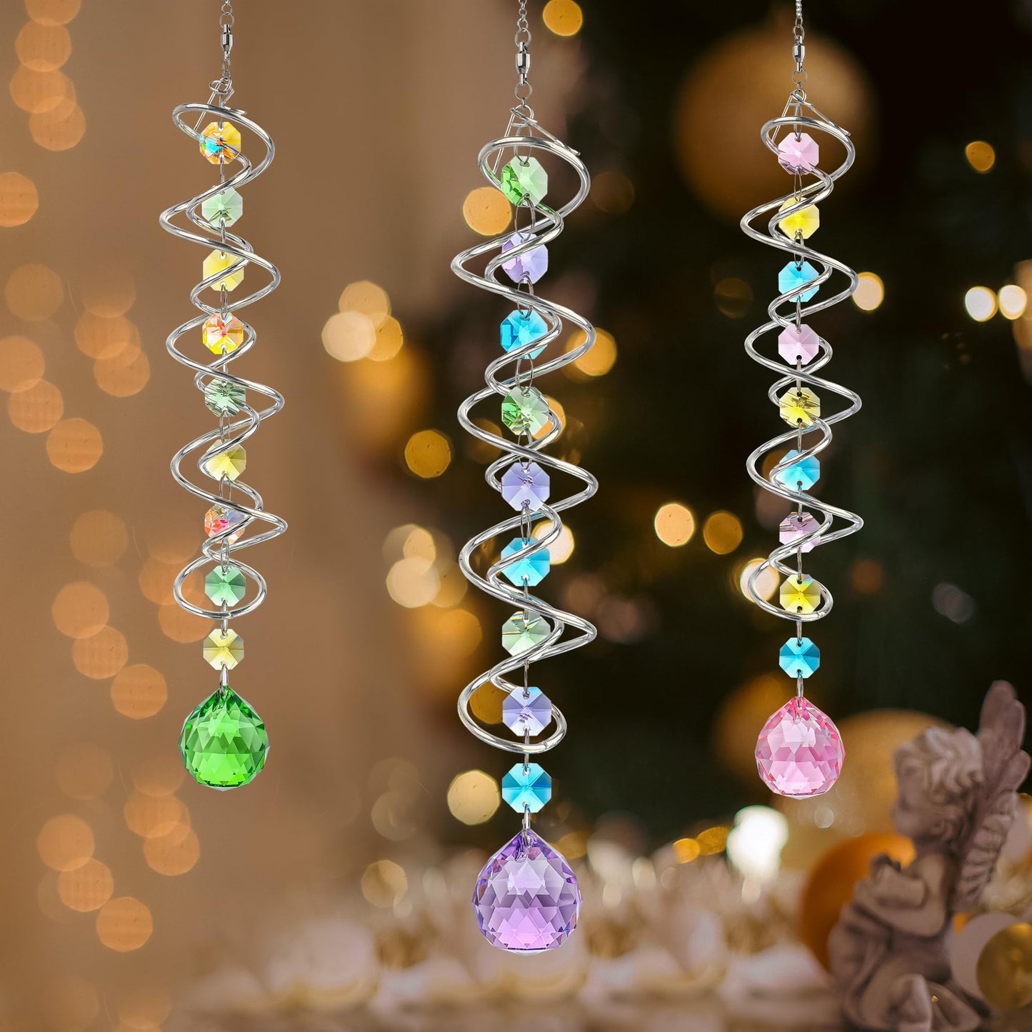 H&D HYALINE & DORA Set of 3 Crystal Sun Catcher for Window Hanging Double-Spiral Gazing Ball Spiral Tail Rainbow Maker Wind Spinners Outdoor for Garden, Patio, Porch, Christmas
