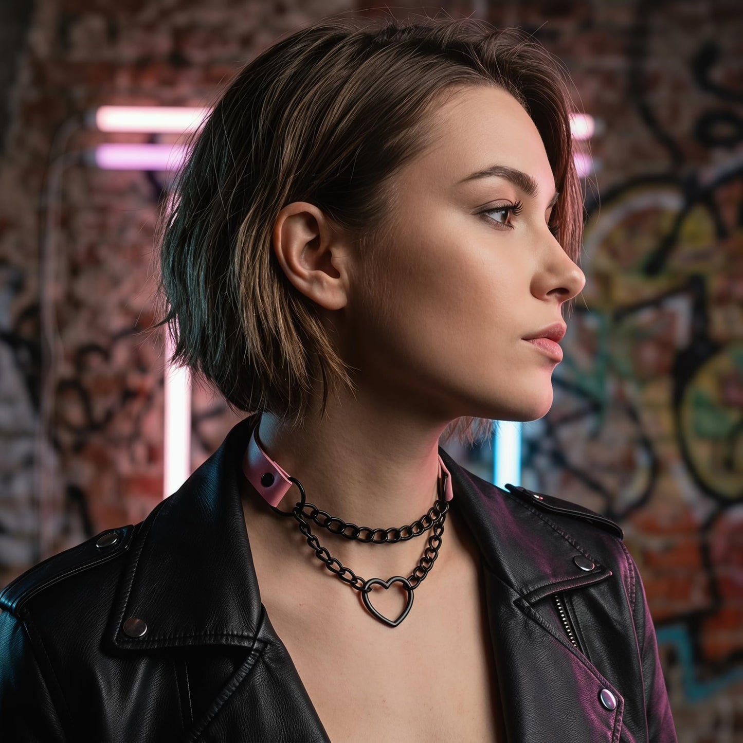 TIVMIK Punk Heart Shape Collar Necklace Leather Gothic Collar with Dangling Heart-Shaped Chain Cute Harajuku Style Women's Necklace Pink