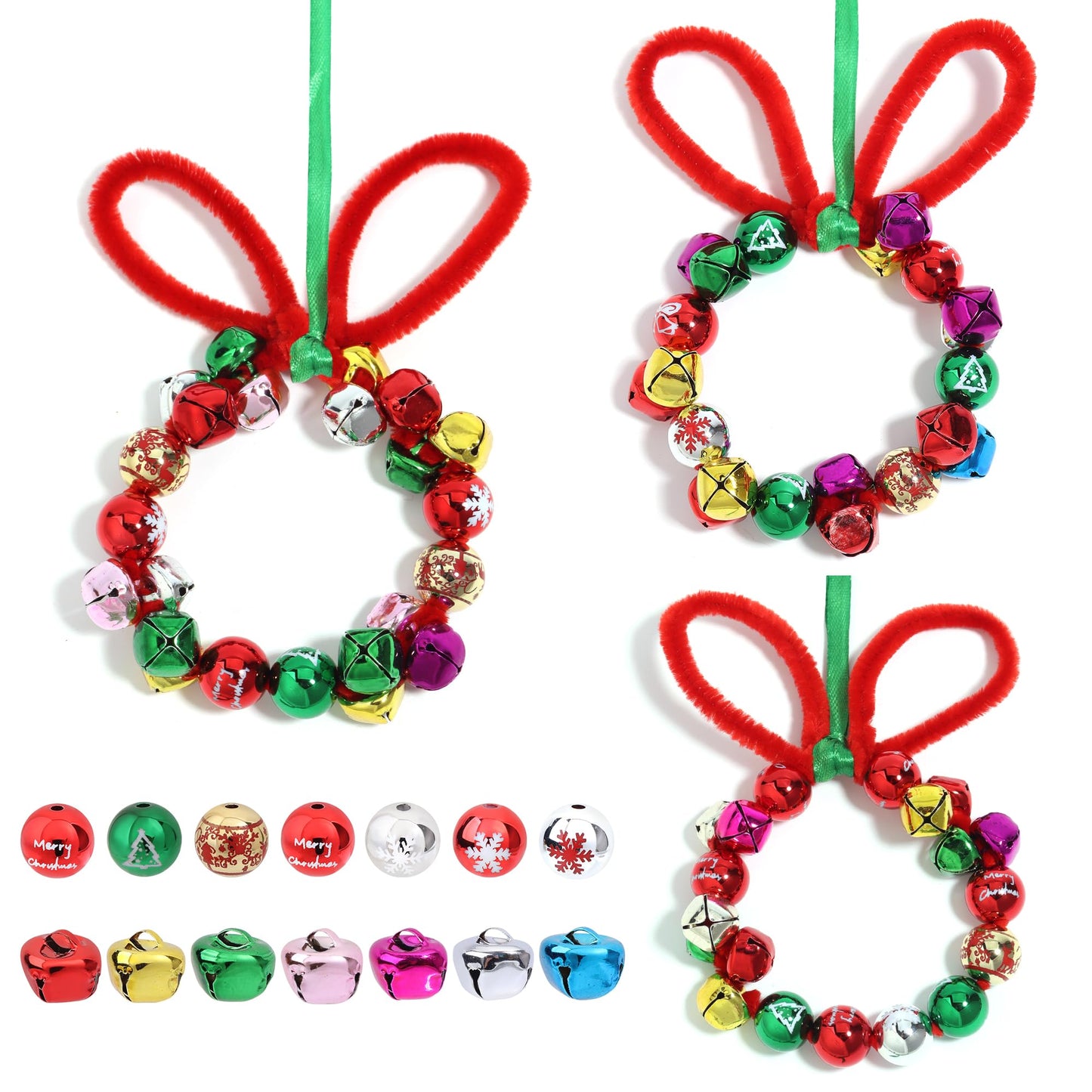 Christmas Crafts, Christmas Beads and Jingle Bells Set, DIY X-mas Ornament Kit Including 20 pcs Mixed X-mas Beads and 40 pcs Bells, DIY Ornaments for Kids, Holiday Party Christmas Tree Decoration
