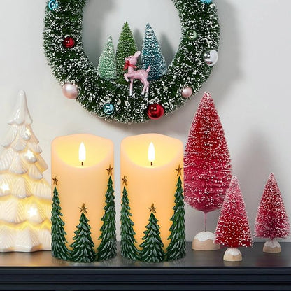 Christmas Tree LED Candles with 6H Timer, flameless Candles with Flickering Flame, Waxy Pillar 2 Pack Flickering Star Decor for Fall Christmas Decor (3 inches x 5.7 inches)