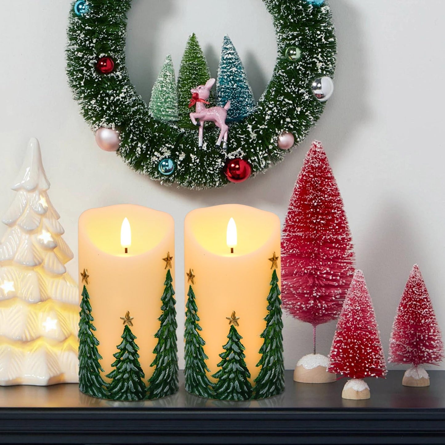Lasumora Christmas Tree LED Candles with 6H Timer, flameless Candles with Flickering Flame, Waxy Pillar 2 Pack Flickering Star Decor for Fall Christmas Decor (3 inches x 5.7 inches)
