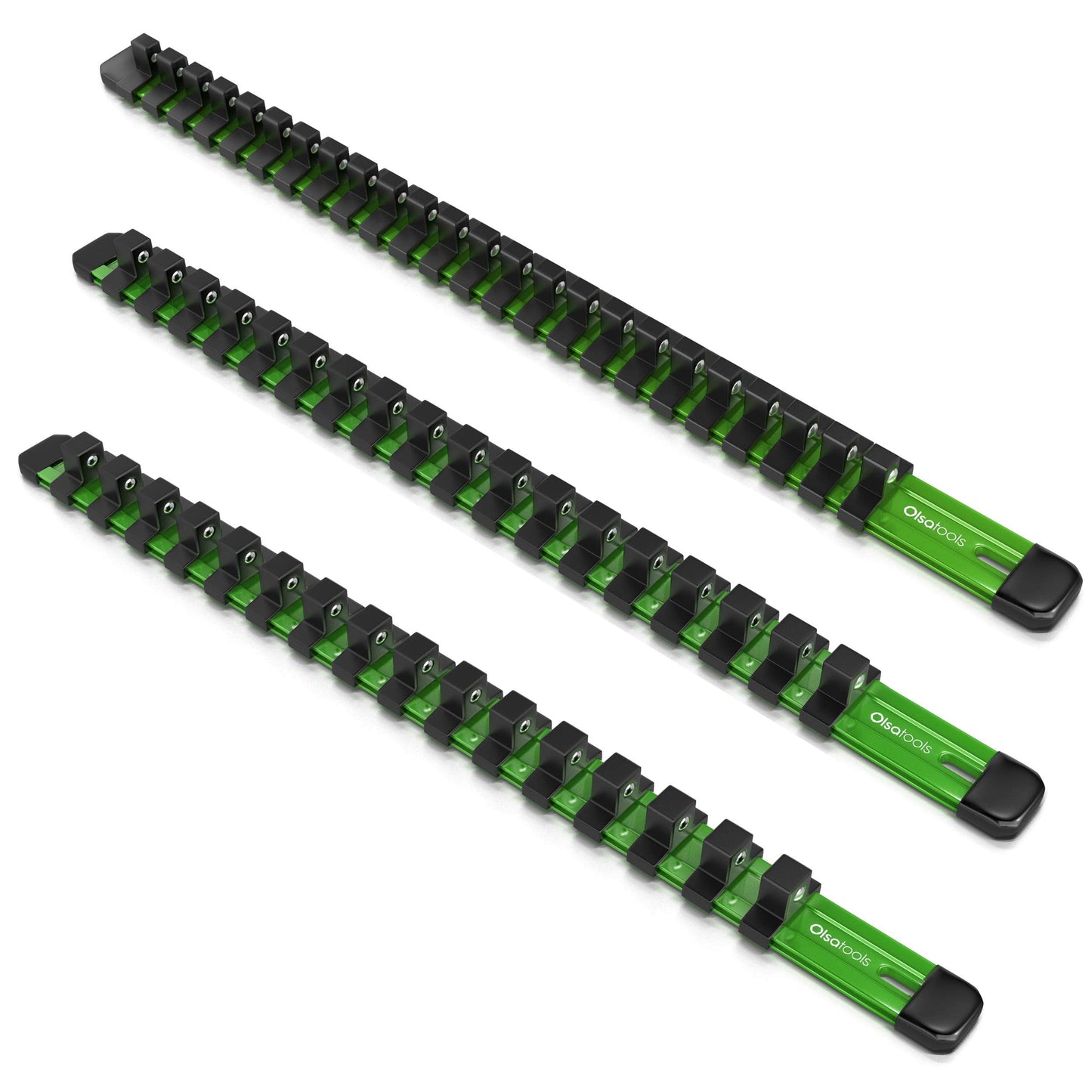 Olsa Tools Aluminum Socket Organizer, 3pc Set - Green Socket Holder Kit 1/2-Inch, 3/8-Inch, and 1/4-Inch Drive - Holds 58 Chrome or Impact Sockets - Professional Grade Socket Rails - Part: 1102