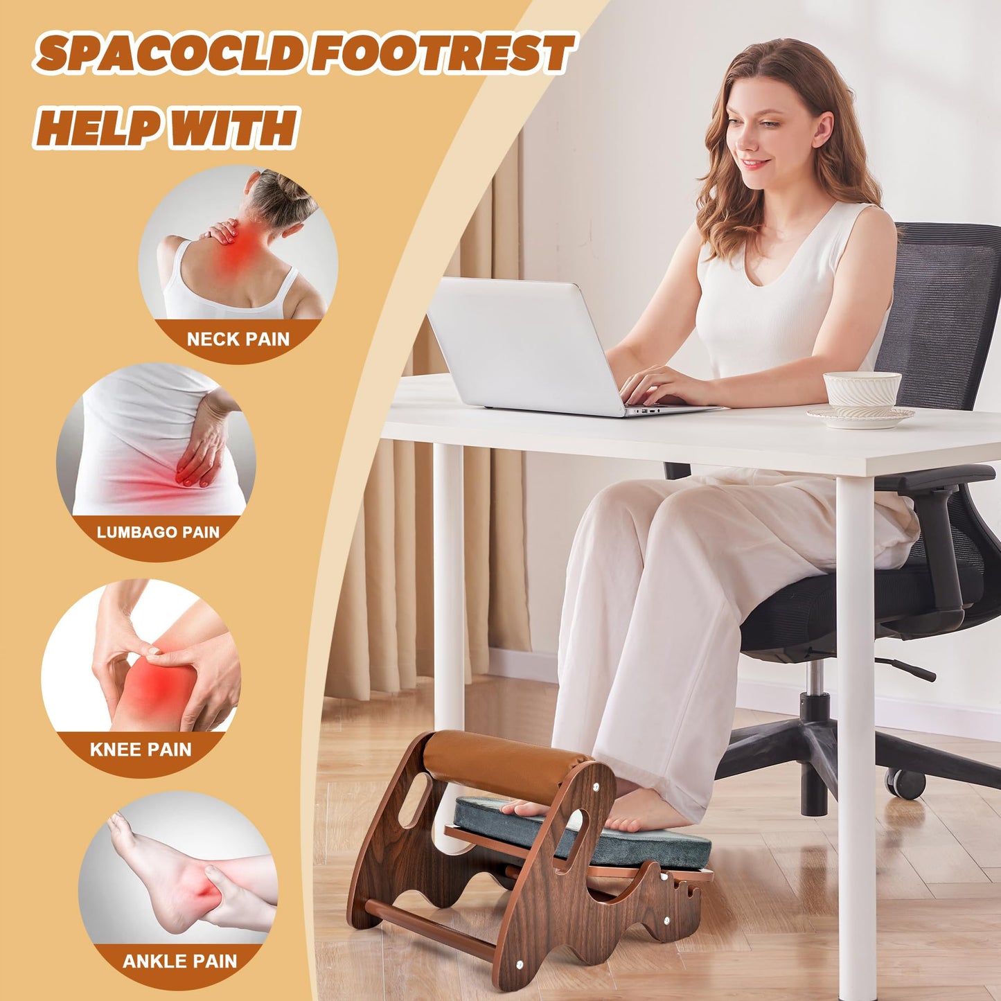 Spacocld Foot Rest for Under Desk at Work- Adjustable Rocking Foot Stool with 3 Height Position and Soft Crossbar, Ergonomic Wooden Footrest with Soft Sponge Pad for Home, Office
