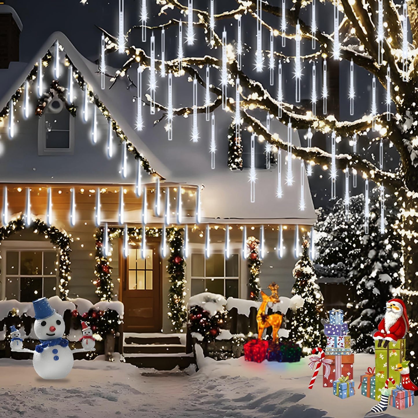 Adecorty Christmas Lights Outdoor, Meteor Shower Light 8 Tubes 192LED UL Certified Snow Falling Rain Cascading Icicle Lights for Xmas Tree Christmas Decorations Outdoor Wedding Party Window, White