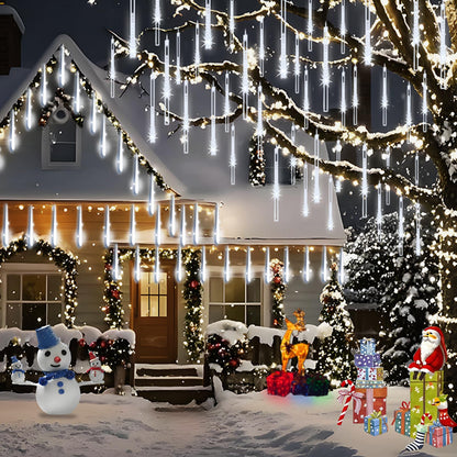 Adecorty Christmas Lights Outdoor, Meteor Shower Light 8 Tubes 192LED UL Certified Snow Falling Rain Cascading Icicle Lights for Xmas Tree Christmas Decorations Outdoor Wedding Party Window, White