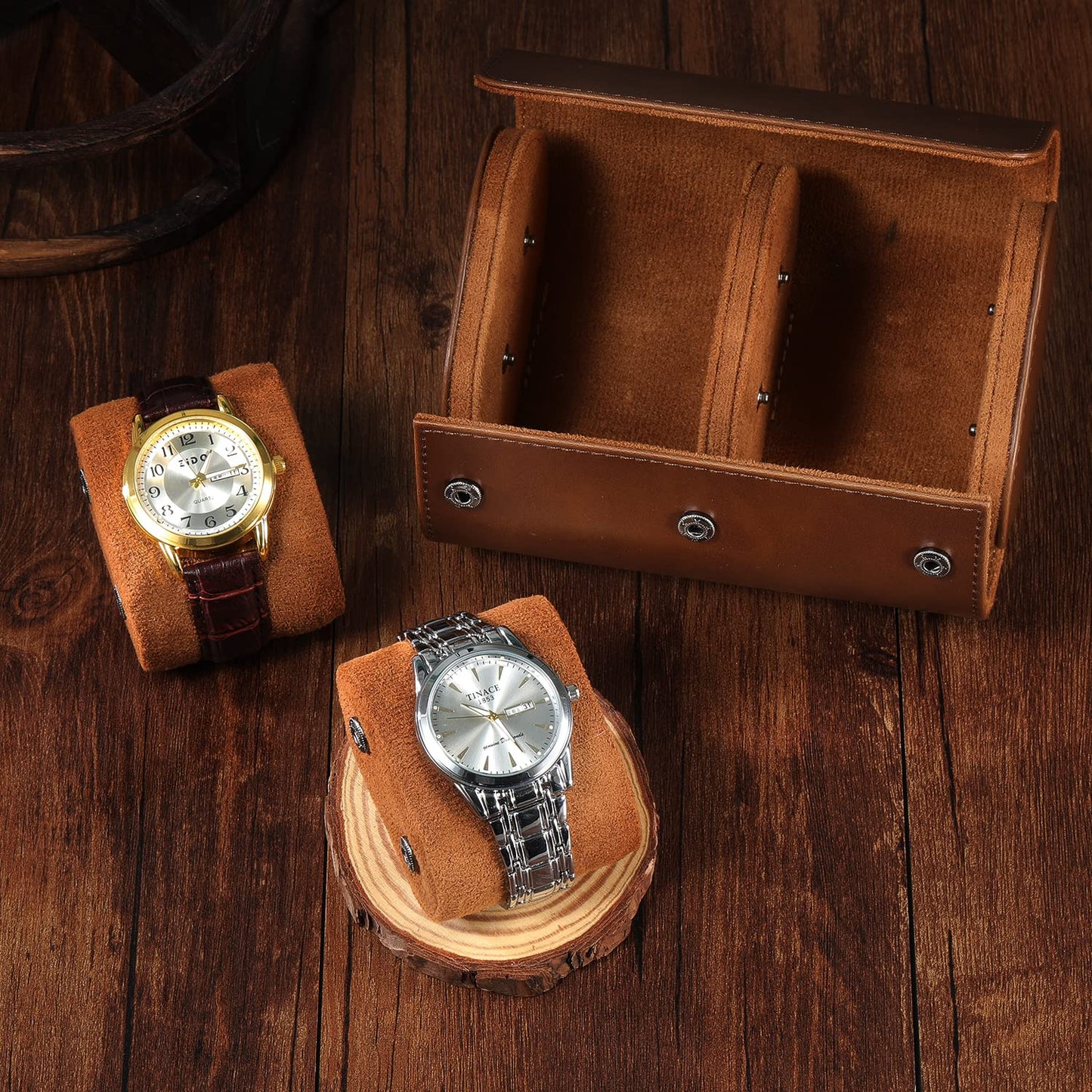 ROSELLE Watch Roll Travel Case for Men and Women- 2 Watch Storage and Organizer-Secure Storage with Innovative Removable Pillows & Solid Dividers for Home, Travel and Display (Brown-2 Slot)