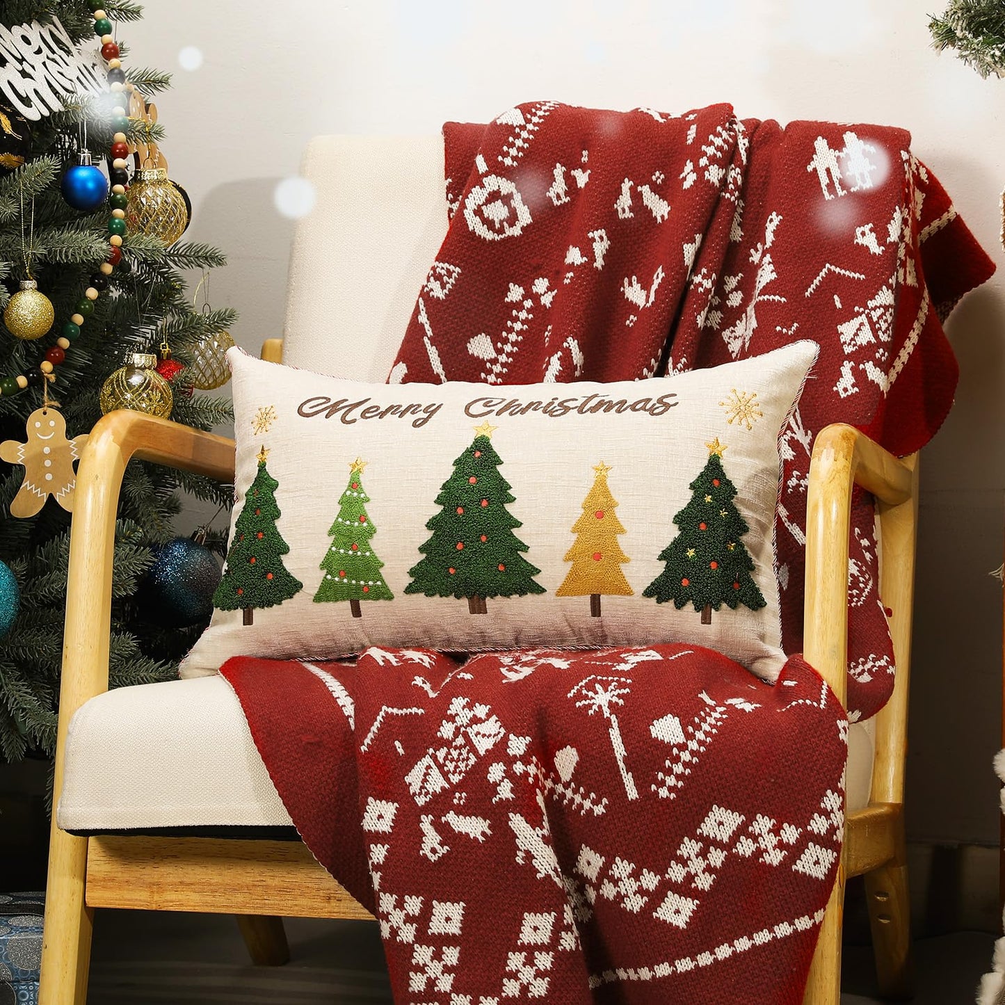 Lewondr 12x20 Inch Christmas Throw Pillow Cover, Christmas Decorative Pillow Case with Embroidered Xmas Tree, Throw Pillowcase Cushion Cover Xmas Decor for Bed Home Decor Living Room (1PCS)