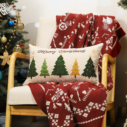 Lewondr 12x20 Inch Christmas Throw Pillow Cover, Christmas Decorative Pillow Case with Embroidered Xmas Tree, Throw Pillowcase Cushion Cover Xmas Decor for Bed Home Decor Living Room (1PCS)