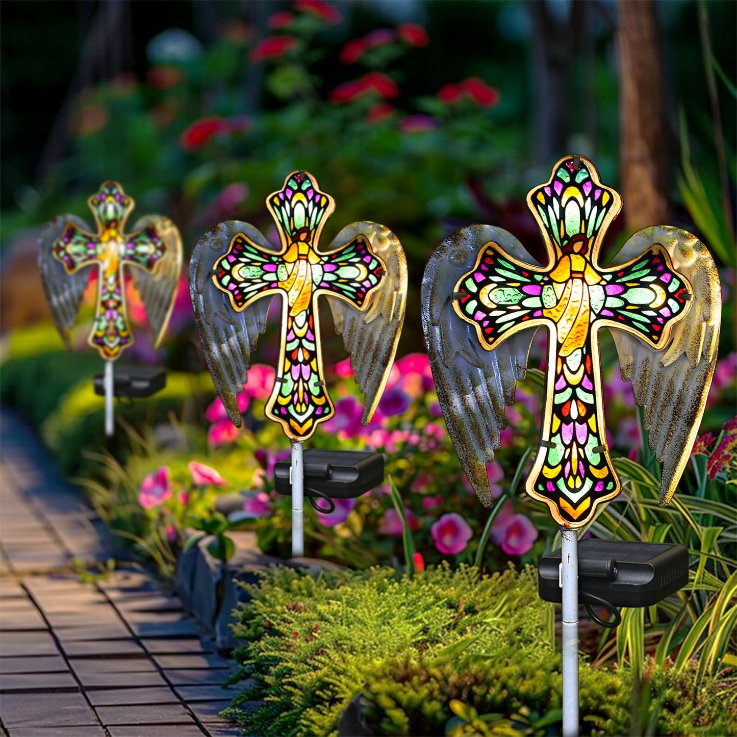YJFWAL Solar Glass Cross Garden Stake Light, Cemetery Decorations for Grave Outdoor Lights, Easter Jesus Cross Angel Wings Sympathy Memorial Day Decor, for Garden Lawn Yard Patio