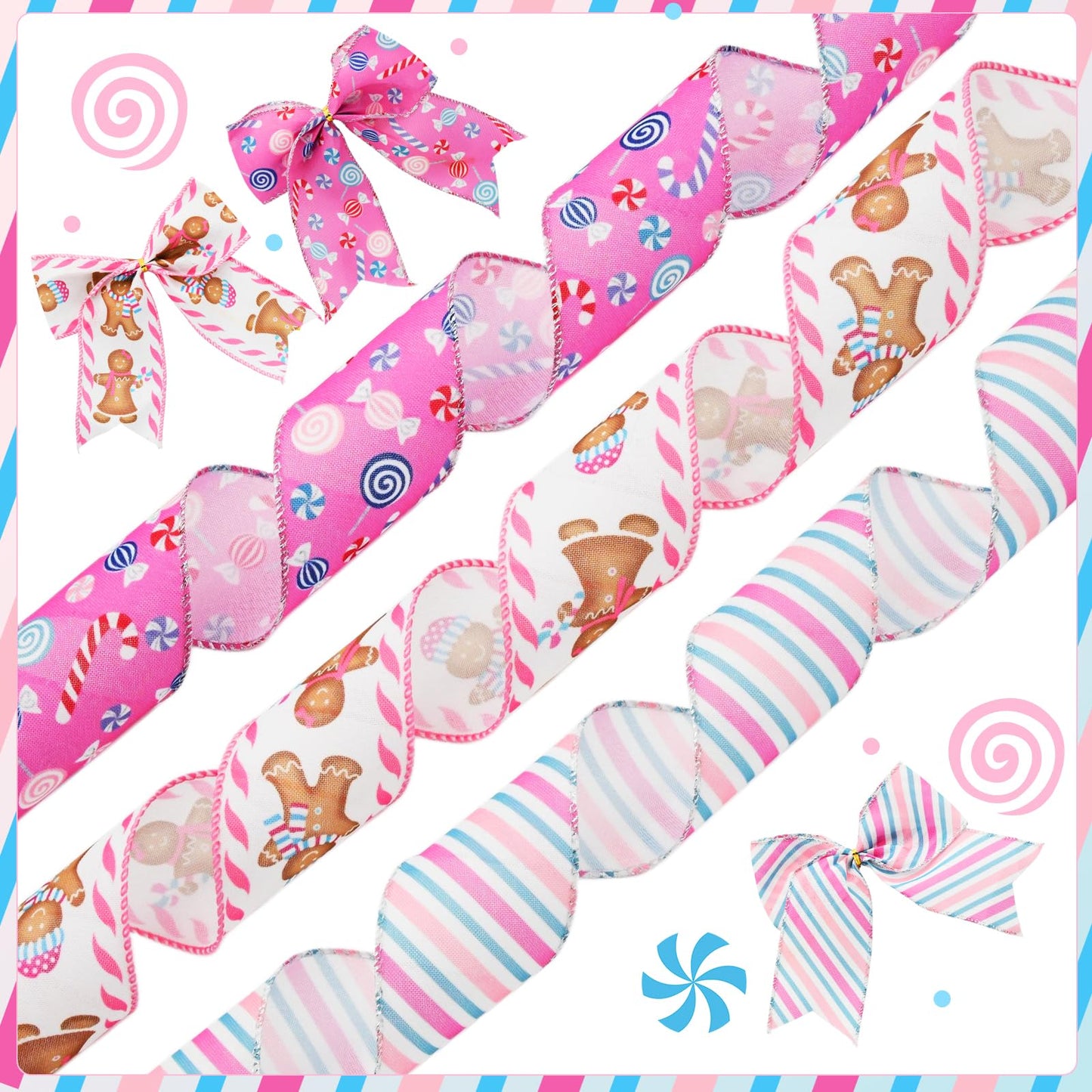 CRAFLOX Pastel Christmas Gingerbread Wired Ribbon for Wreath Bows, 3 Rolls, 2.5″ Wide, 15 Yards Total, Pastel Pink Candy Striped Wired Edge Ribbon for Crafts Supplies, DIY Bows