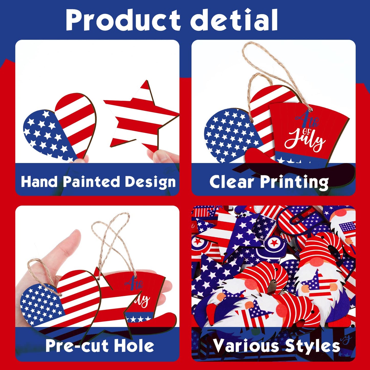 Qunclay 36 Pcs 4th of July Ornaments for Tree, Wooden Patriotic Tree Decorations with Gnome, Star, Truck Shape, Red White Blue Hanging Ornament for Independence Day, 250th Anniversary Home Party Decor