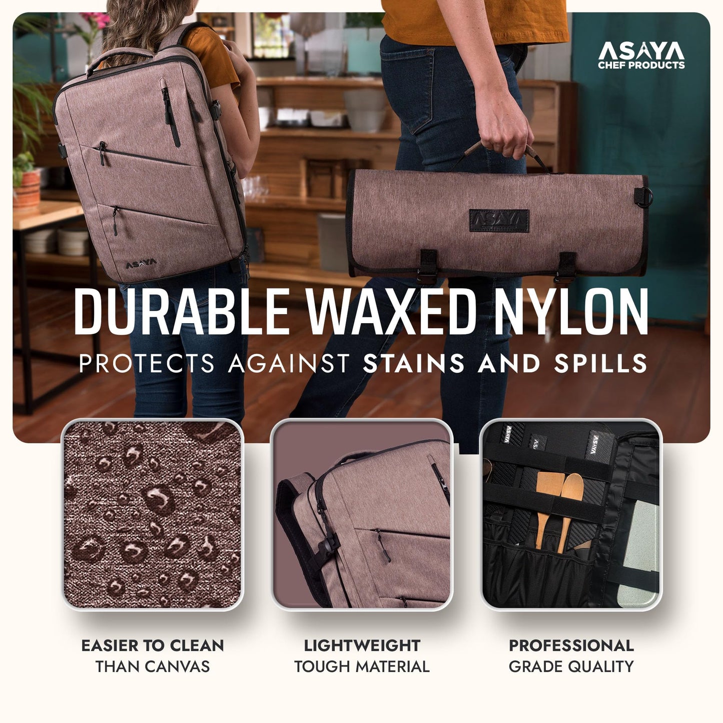 Asaya Chef Knife Backpack with 20-Pocket Knife Roll Bag - Over 30 Storage Pockets Chef Bag, Professional Backpack for Chefs and Culinary Students – Knives Not Included (Brown)