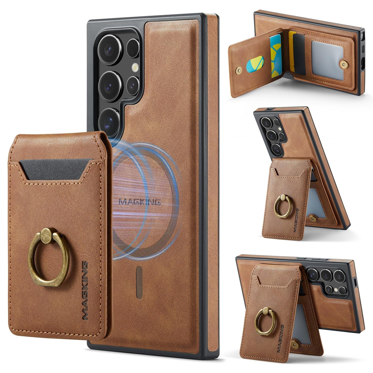 Konstreet for Samsung Galaxy S26 Ultra 2 in 1 Detachable Card Bag Wallet Case Durable Leather Wallets Magnetic Card Holder 4 Card Slots Ring Stand RFID Blocking Brown