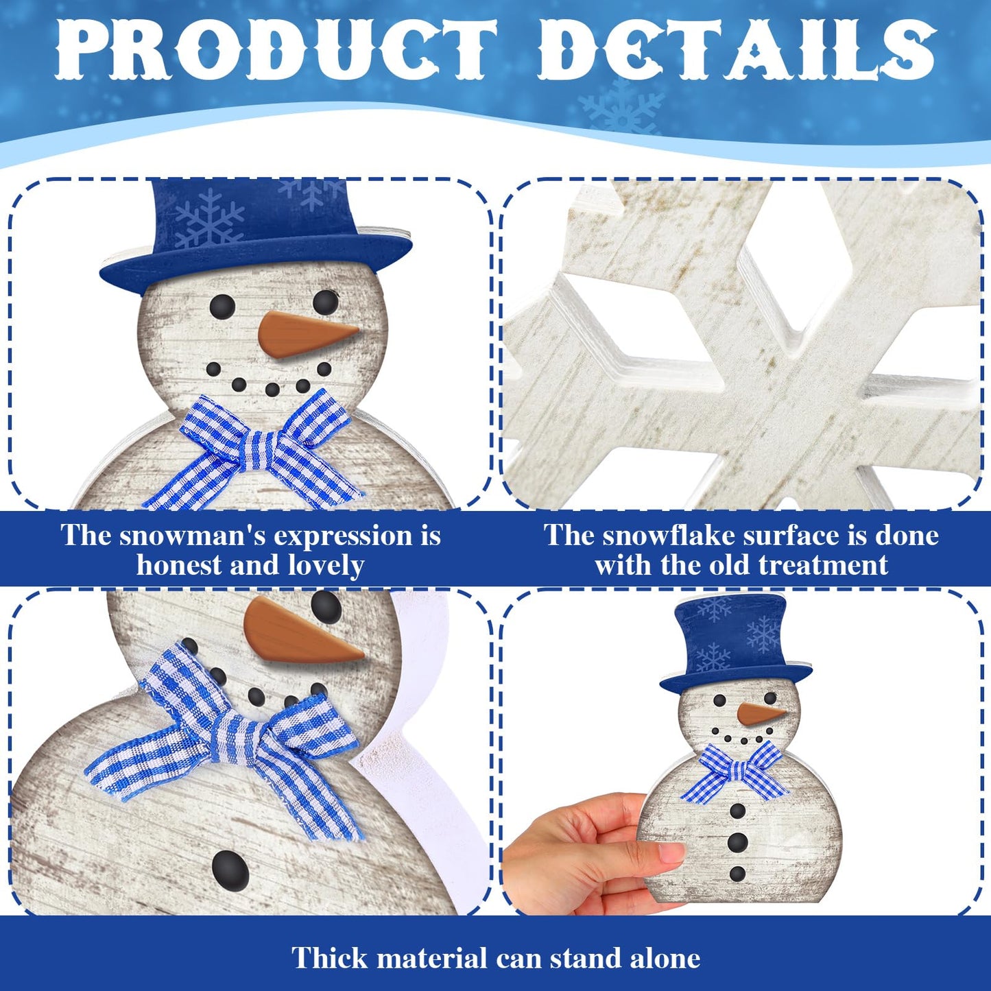 Yousoontic 5 Pcs Winter Table Decor Wooden Snowman Blue and White Snowman Snowflake Tiered Tray Decor Christmas Table Centerpiece Snowflake Signs Winter Decorations for Home Kitchen Office