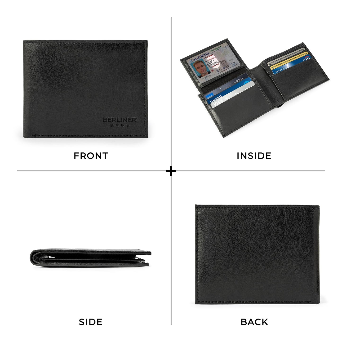 BERLINER BAGS Premium Genuine Leather Wallet for Men Peter, with ID Window, RFID Blocking, Bifold, Front Pocket Slim Wallet, 8 Card Holder, Bills Compartment, 2 ID Windows, Gift Box- Black