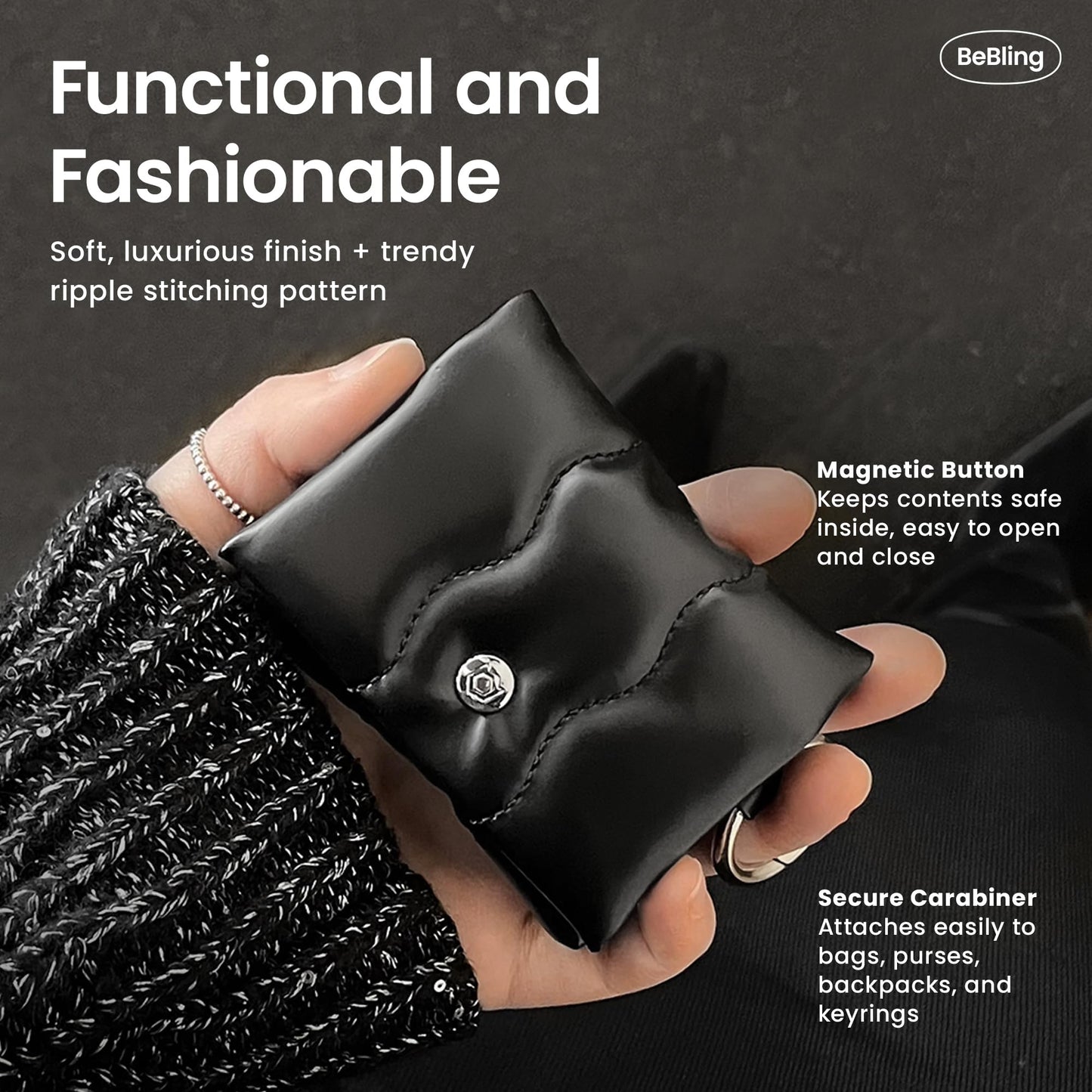 iFace BeBling Wave Soft Earbud Pouch [Vegan Leather, Water-Resistant Cushion Protection, Magnetic Closure,Carabiner Hook,Stylish Compact Case Compatible with AirPods 1/2/3/4,Pro1/2&Galaxy Buds]-Silver