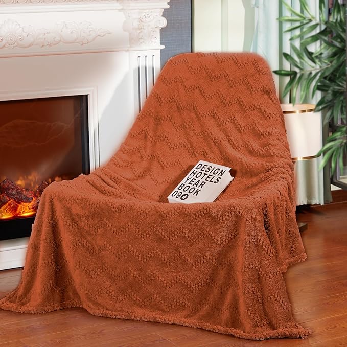 Jacquard Boho Fleece Throw Blanket-Cozy Fluffy Soft Lightweight Fuzzy Blanket for Sofa, Couch, Bed, Chair & Car, Gifts for Teen Girls, Women & Men, Home and Dorm Decor, Rust Red, 50" x 70"