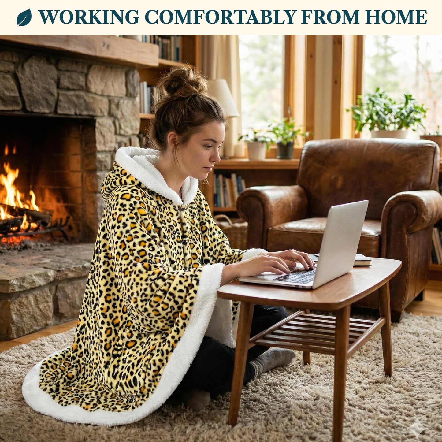PAVILIA Hooded Blanket Poncho, Women Sherpa Fleece Shawl Wrap with Hood, Wearable Blanket Cozy Warm Poncho Cape Throw with Pockets, Gift for Elderly Mom, Cheetah Yellow