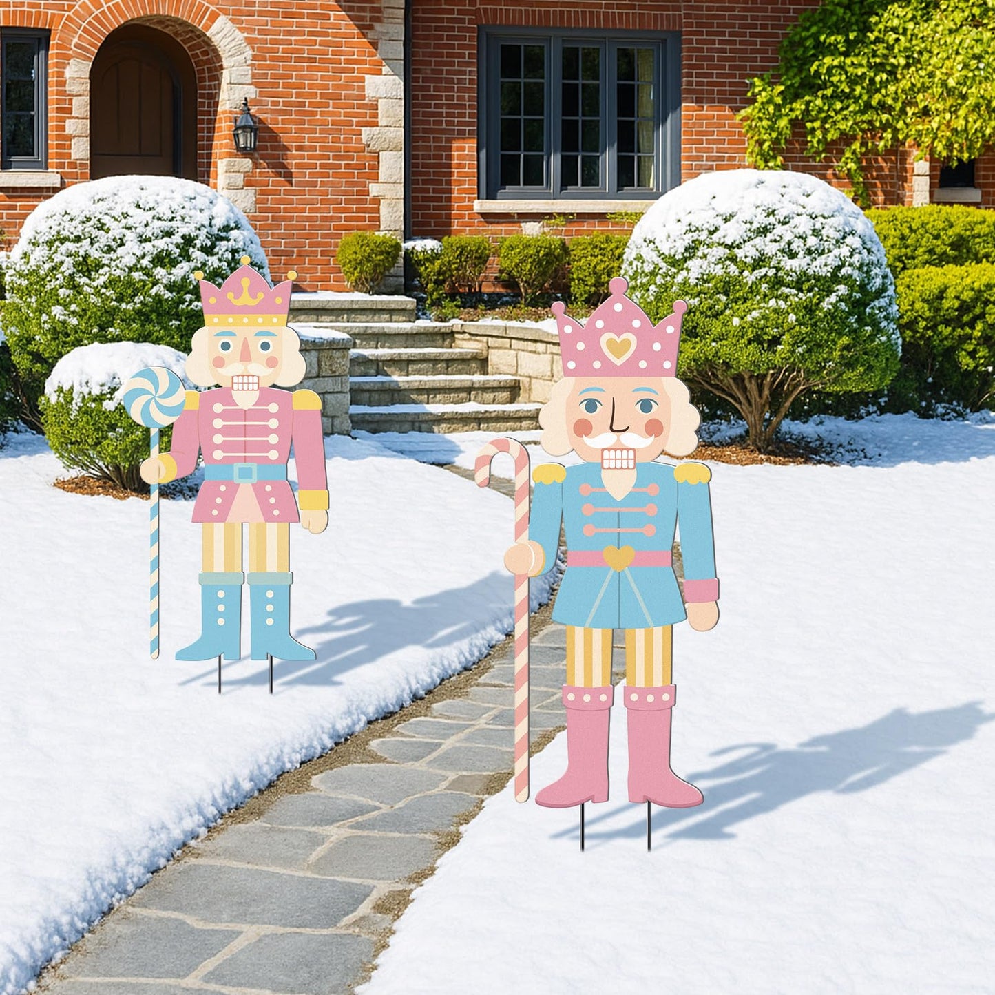 Pinkunn 2 Pcs Pastel Christmas Nutcracker Yard Stake Candy Cane Metal 3D Outdoor Christmas Decorations Xmas Nutcracker Yard Signs for Xmas Outdoor Garden Lawn Party Decor