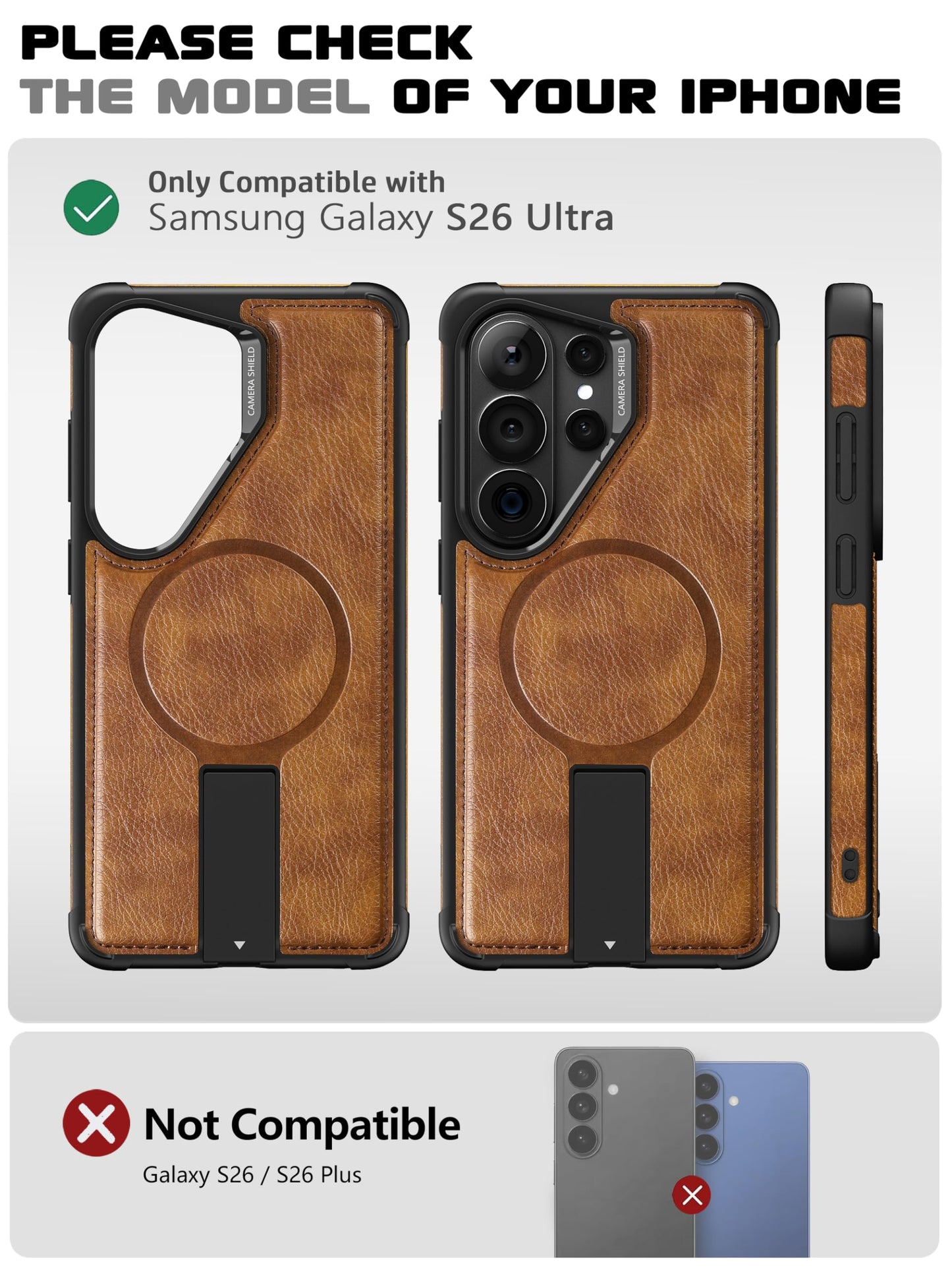 VAUSERDY Strong Magnetic for Samsung Galaxy S26 Ultra Case Leather,[Compatible with MagSafe], Adjustable Kickstand, Shockproof Protective Cover for Samsung S26 Ultra (Brown)