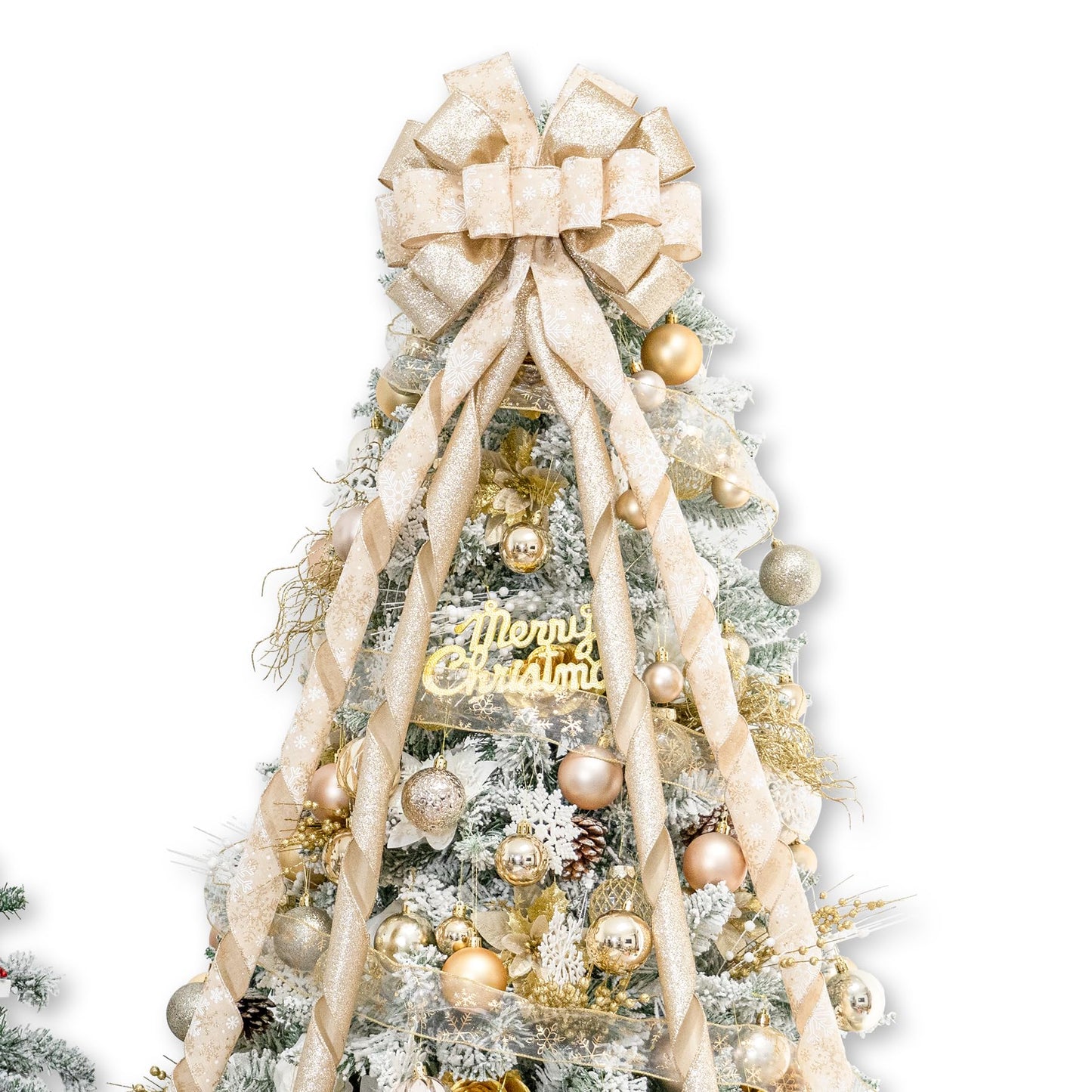 Hismir Christmas Tree Topper Bow，53x14 Inches Large Christmas Bow with Glitter Streamer and Patterned Ribbon，Decorative Bows for Xmas Tree Wreath Door Festival Home Decor(Champagne Gold Snowflake)